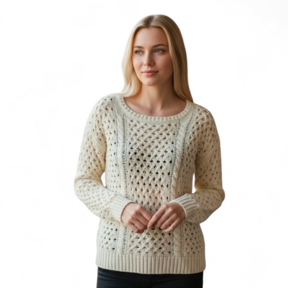 Fisherman Knit Neutral Cream Sweater Cottagecore Ecclectic Grandpa Women's Small